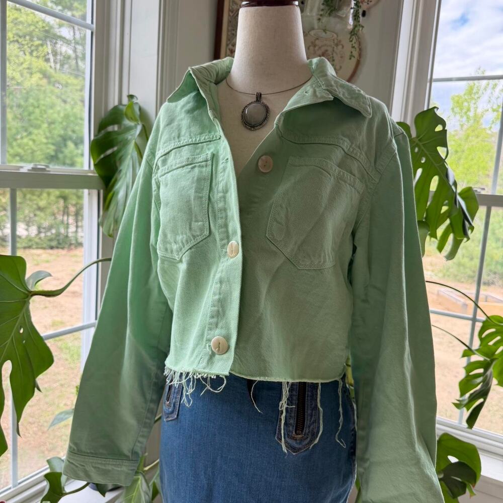 Zara Mint Green Cropped Denim Jacket XS